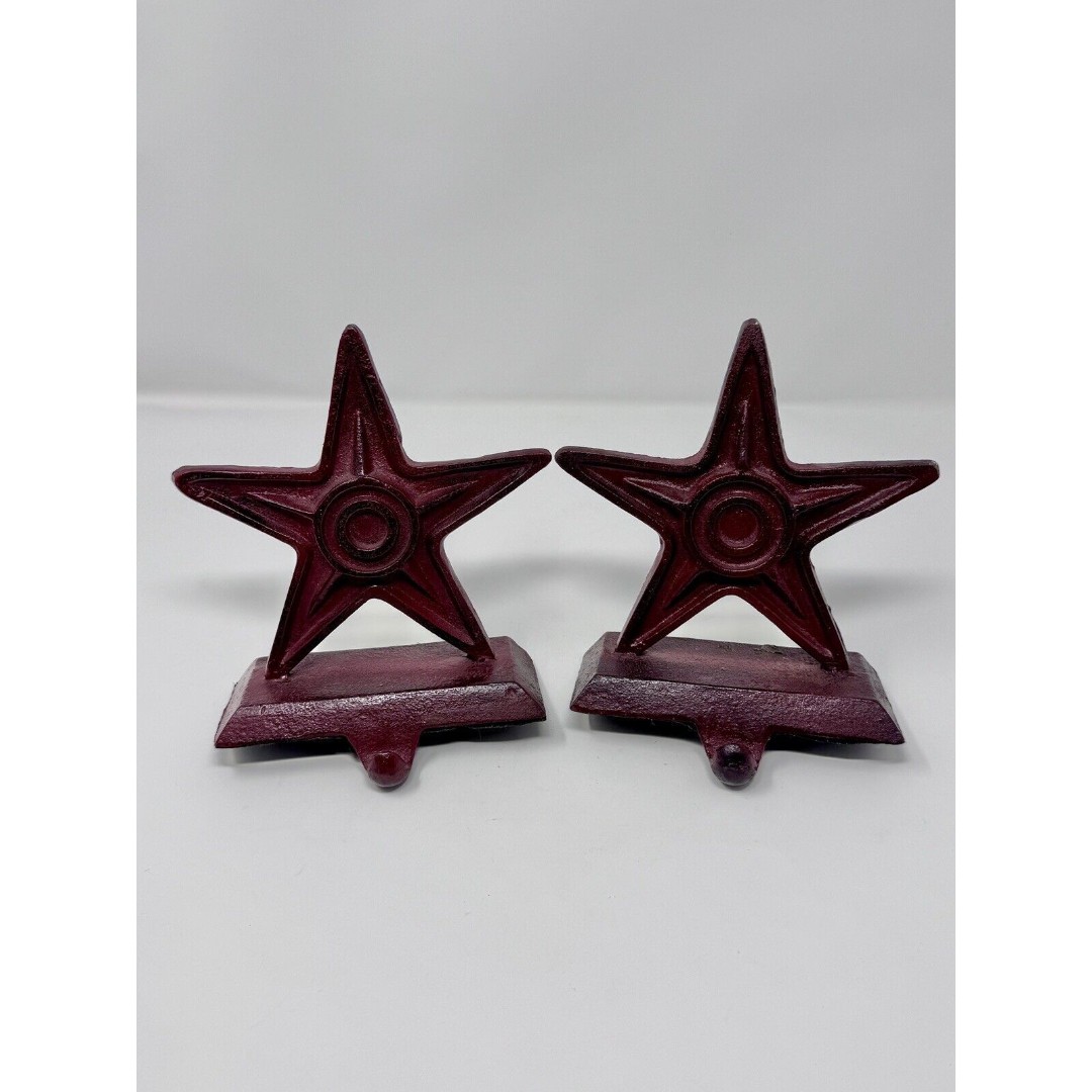 Set of (2) Maroon Red Cast Iron Star Stocking Holder Christmas Rustic Western