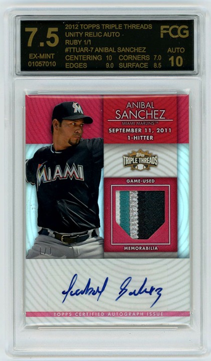 Anibal Sanchez 2012 Topps Triple Threads Unity Relic Auto 1/1 Auto Card FCG 7.5