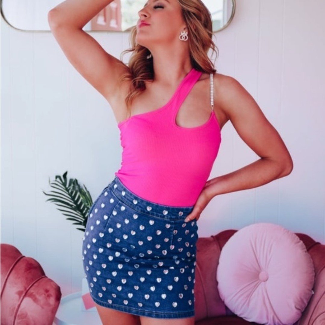 LeLis Hot Pink Ribbed Cut Out Rhinestone One shoulder Bodysuit Valentines Day