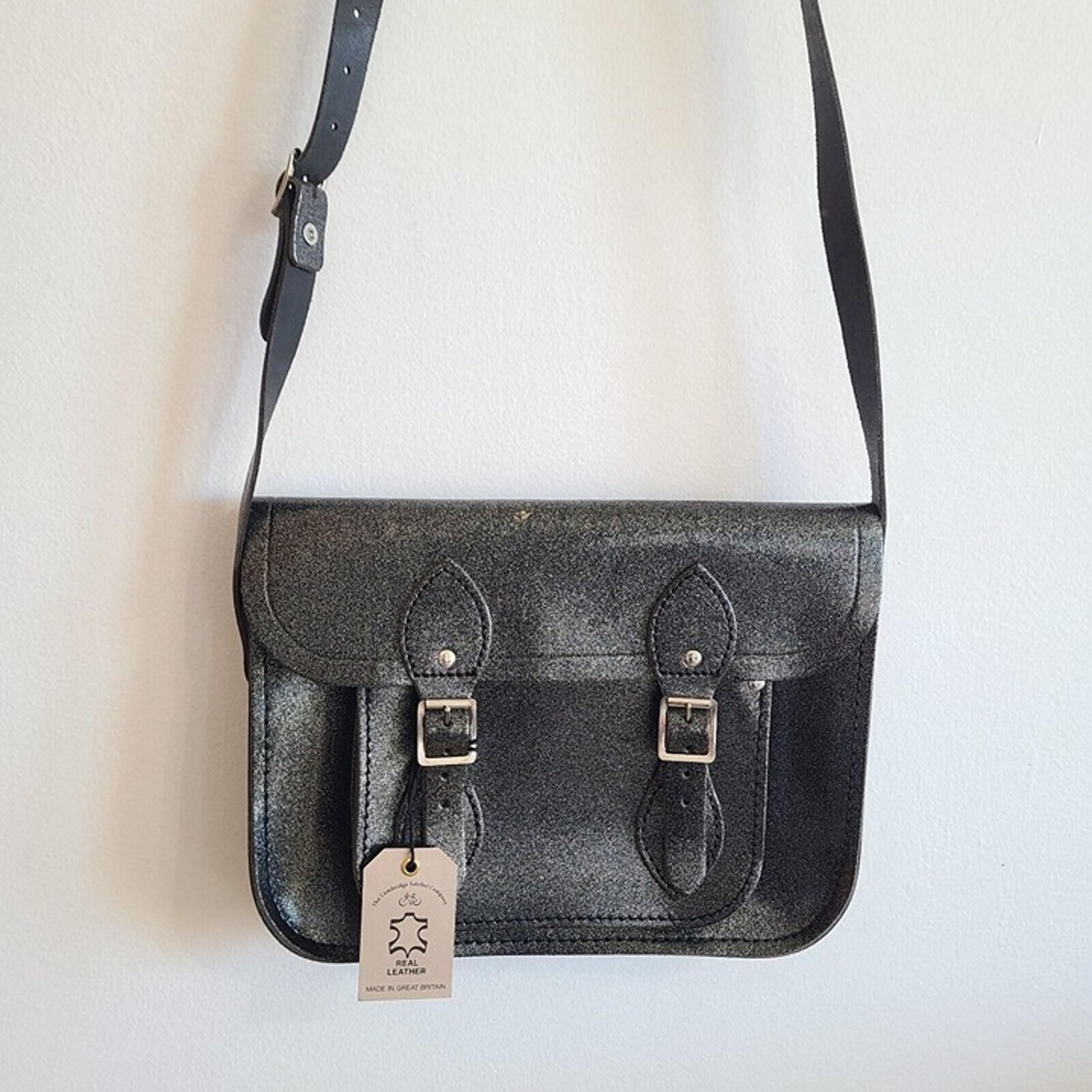 NWT Cambridge Satchel Company Bag Crossbody 11" Deep Grey Metallic Glitter