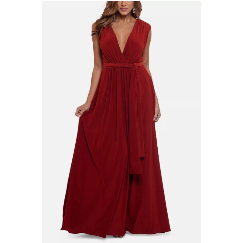 Betsy and Adam Tie Belt V-Neck Gown Women's 6 Burgundy Sleeveless Formal NWT