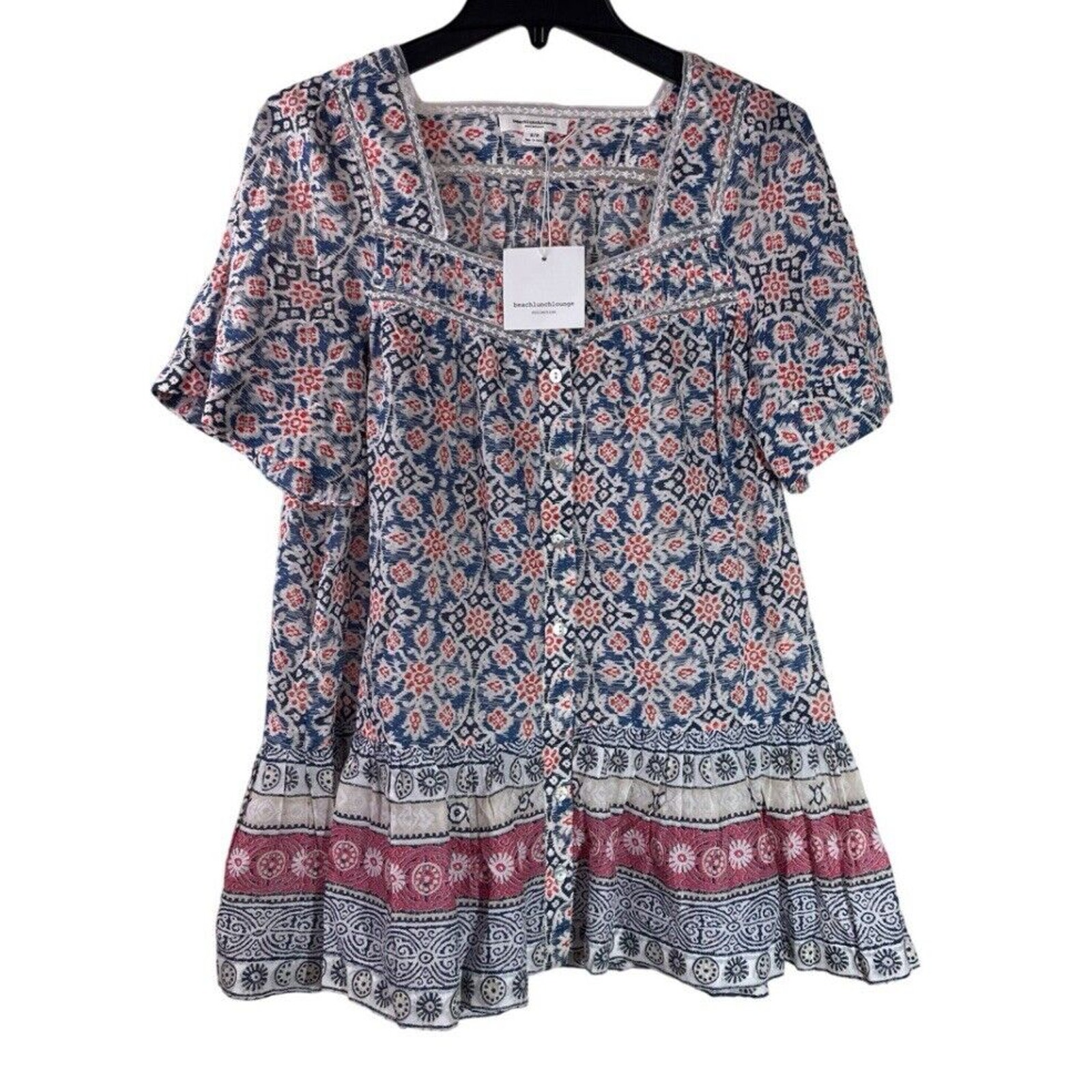 beach lunch lounge Nica Top Womens Small Multi Peasant Bell Sleeve Tunic NEW
