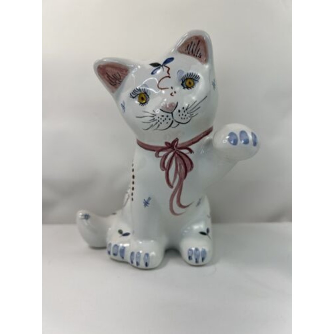 Vtg Fait main France Pottery Lucky Cat Figurine Floral Hand Painted Signed Mint