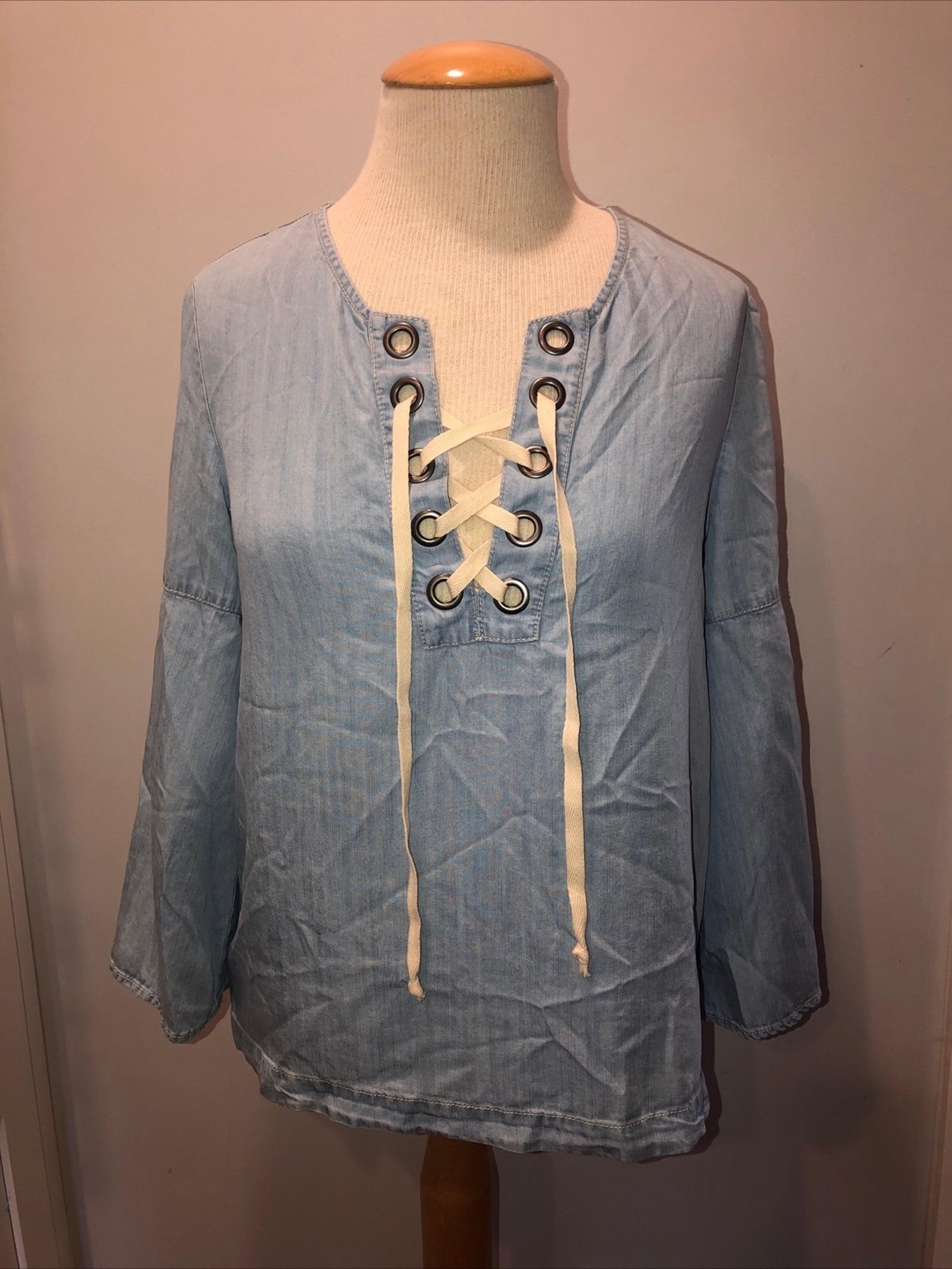 Karen Kane Chambray Top Women's XS Bell Sleeve Soft Denim Lace Up Blouse NWT