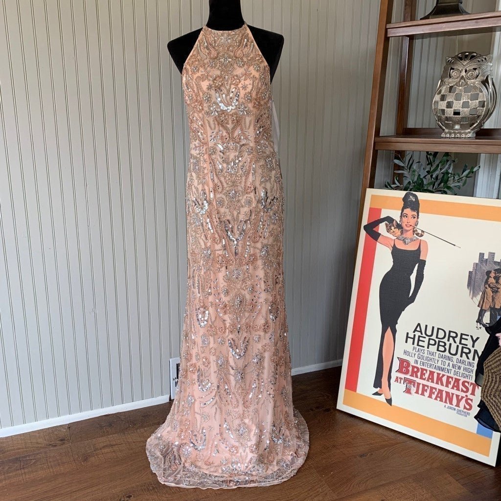 Primavera Beaded Halter Blush Pink Long Dress Gown