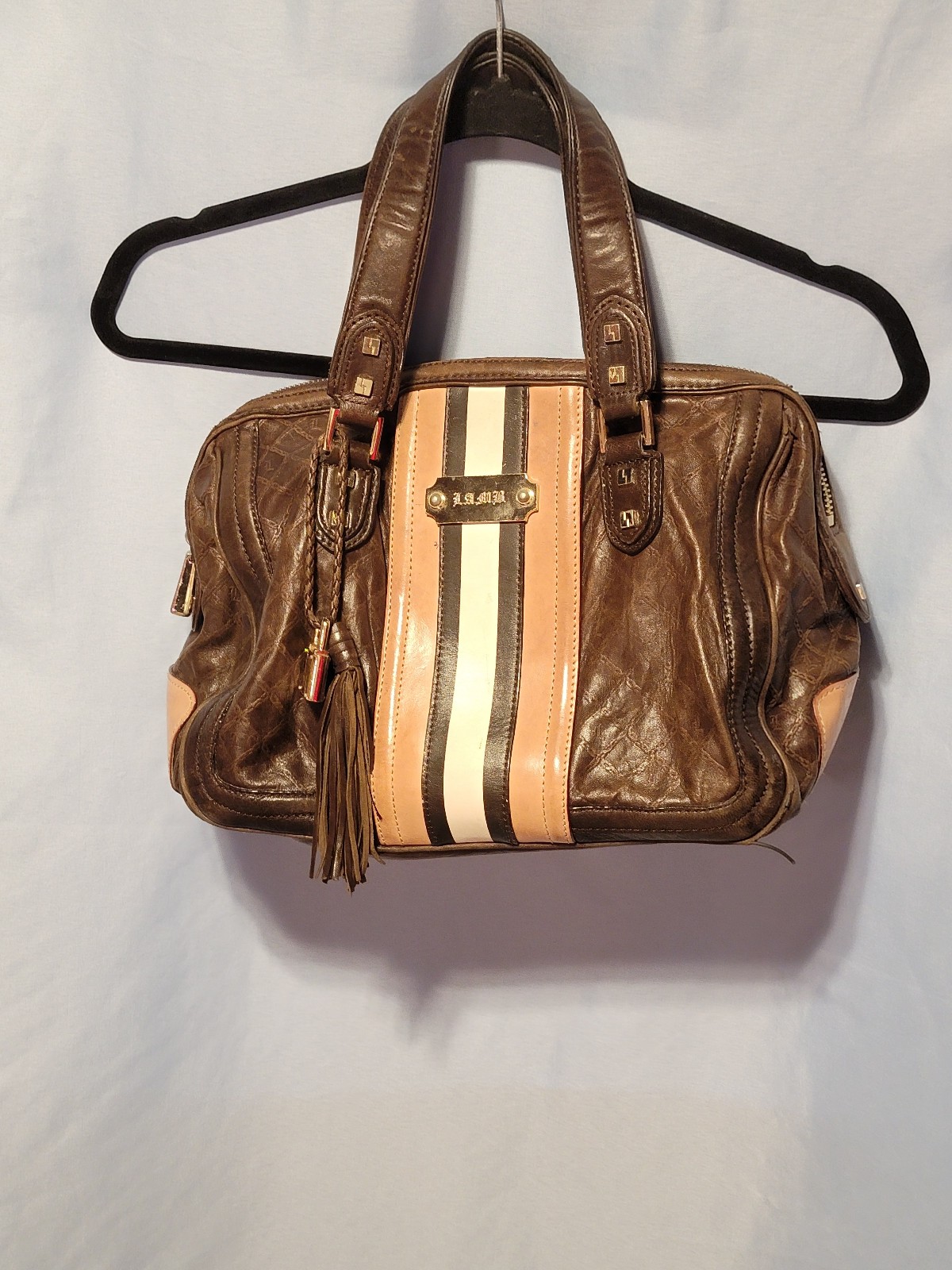 L.A.M.B. Leather Stripe Embossed Satchel Shoulder Bag Tote Purse Y2K