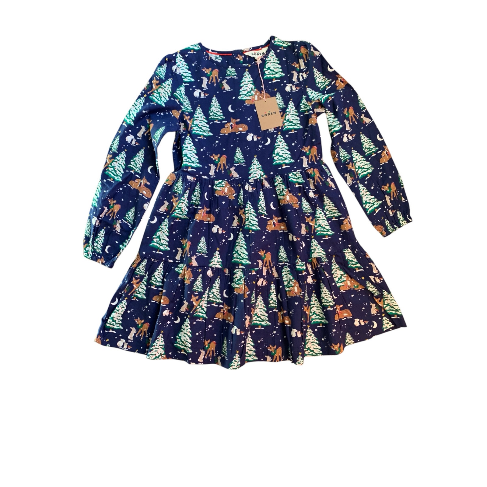 Mini Boden NWT College Navy Festive Woodland twirly dress 9/10 years