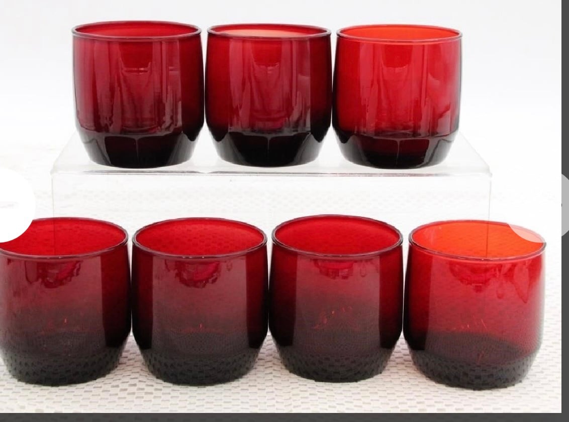 Set of 7 Vintage Anchor Hocking Ruby Red Glass Roly Poly Glasses Barware 3