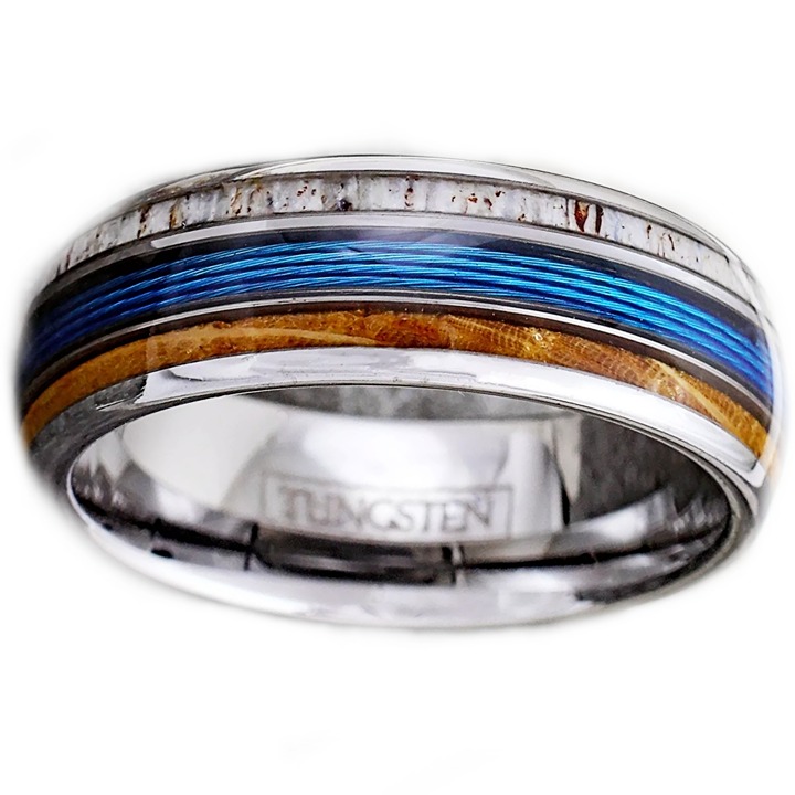 Men's tungsten wedding band ring fishing line wood and deer antler inlaid 8mm