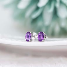 Genuine Oval Amethyst (February) Gemstone 14K White Gold Stud Earrings, NWT