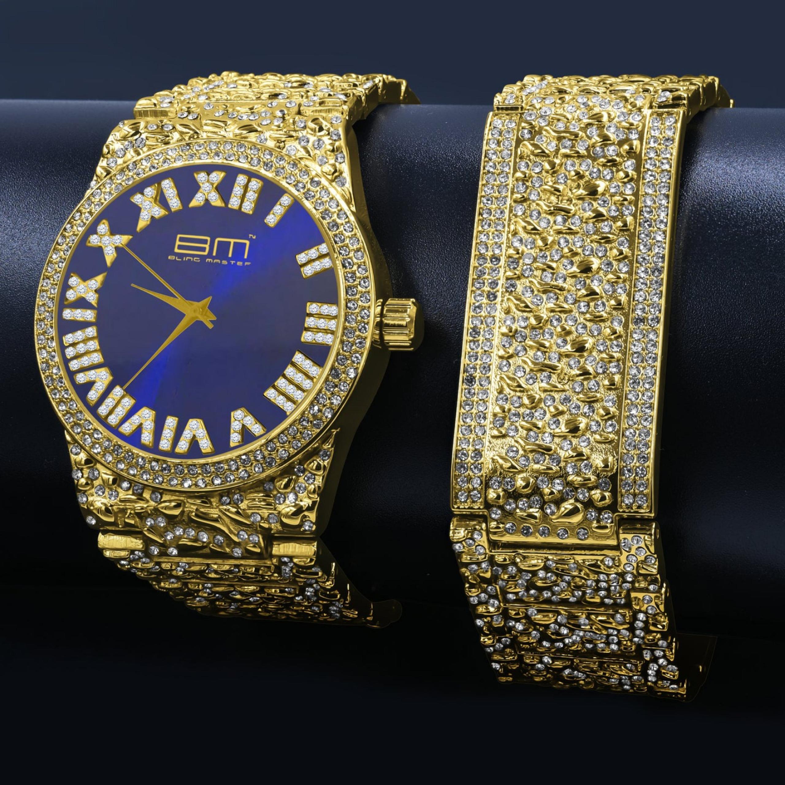 Mens hip hop gold plated watch set