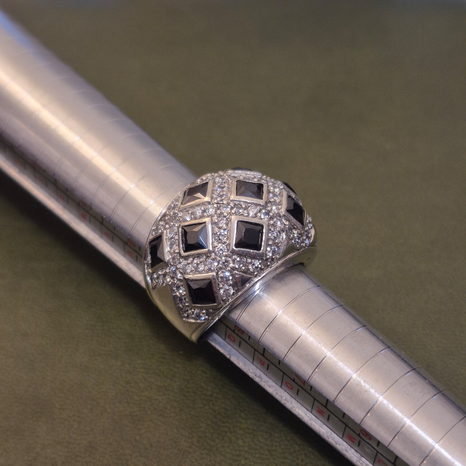 SM 925 Sterling Silver Geometric Dome Ring with Black & Clear CZs, Size 9
