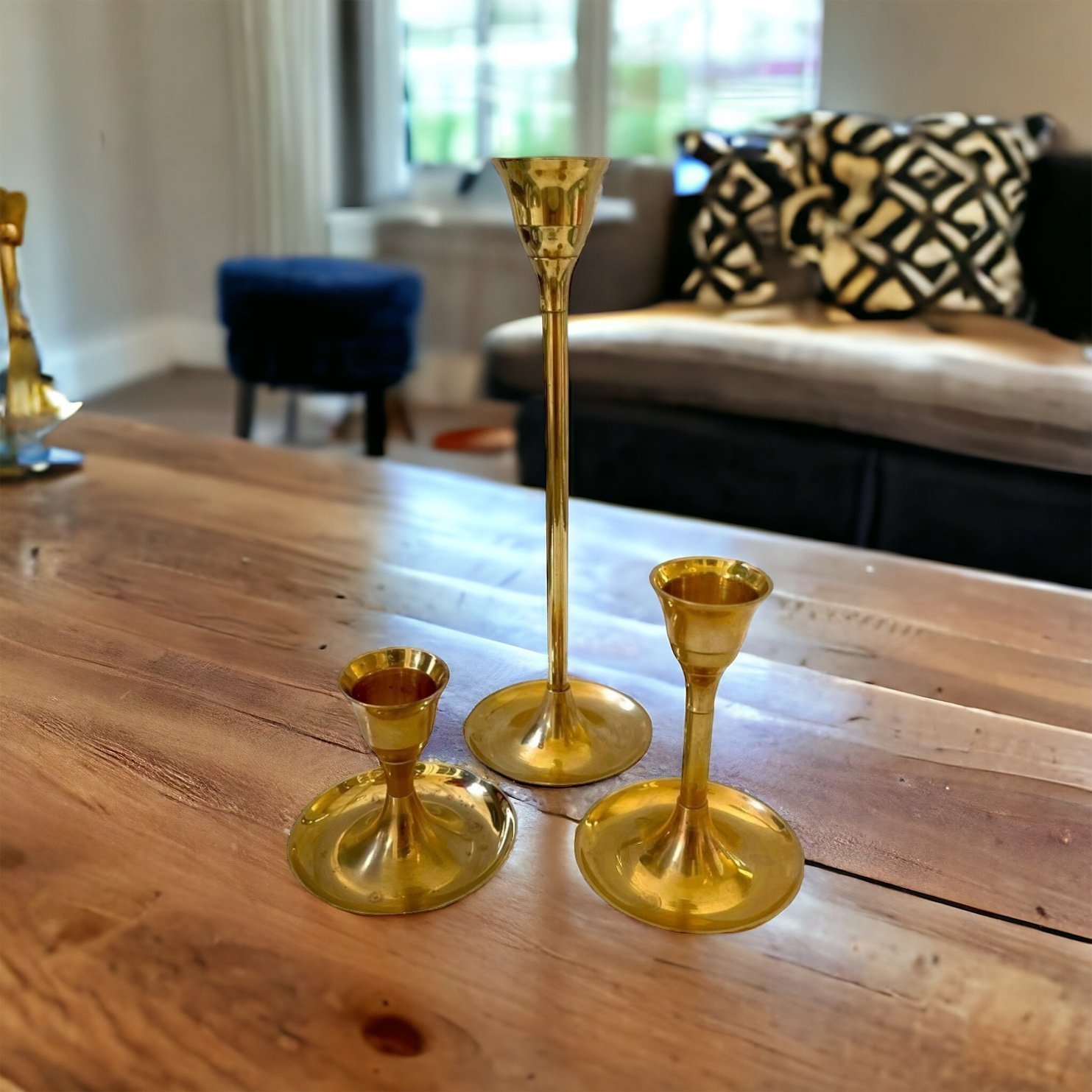 Tableware Brass Candlestick Gold Tone Candle Holder Set of 3 Candlelight Holders