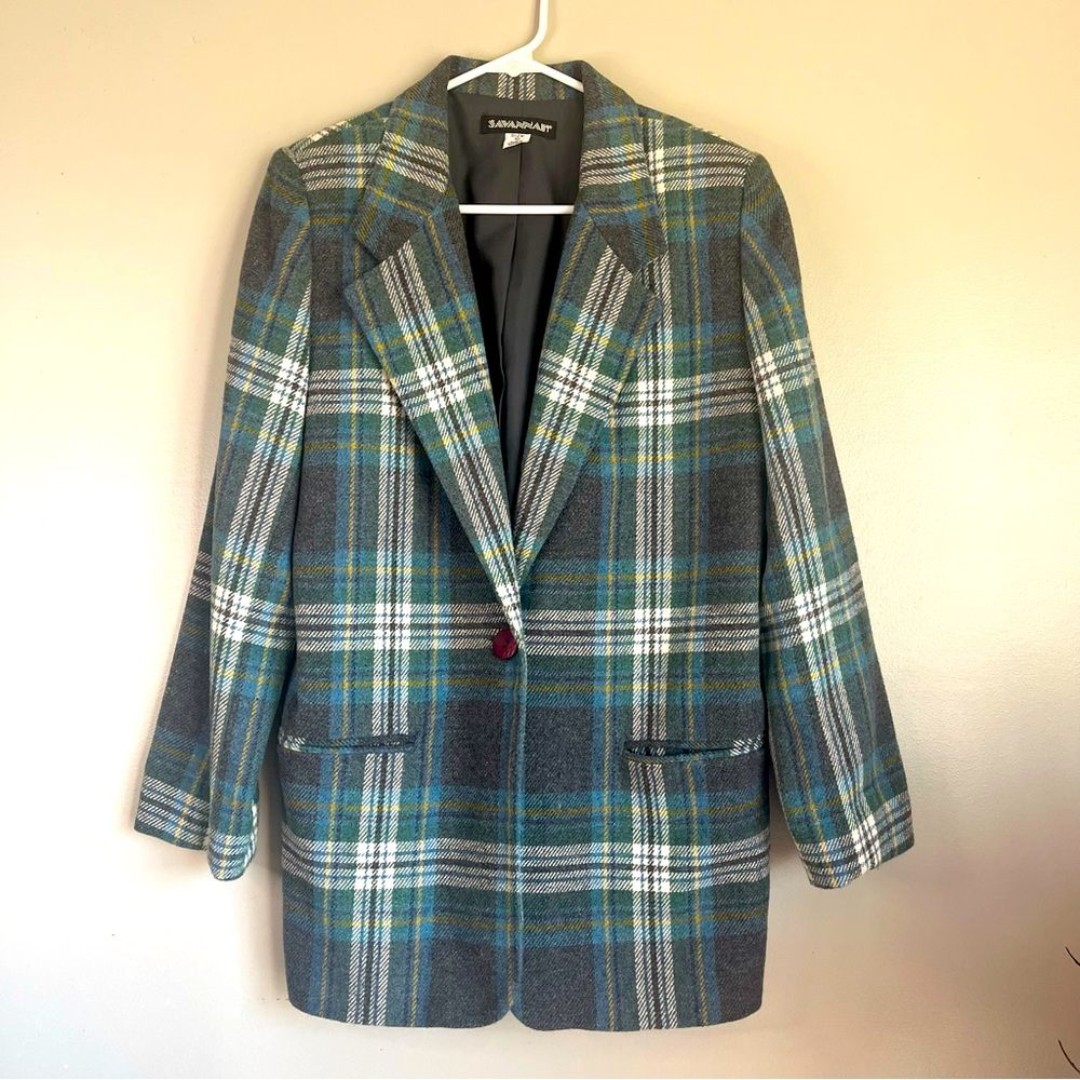 SAVANNAH Vintage Wool Blend Plaid Single Breasted Blazer size 10