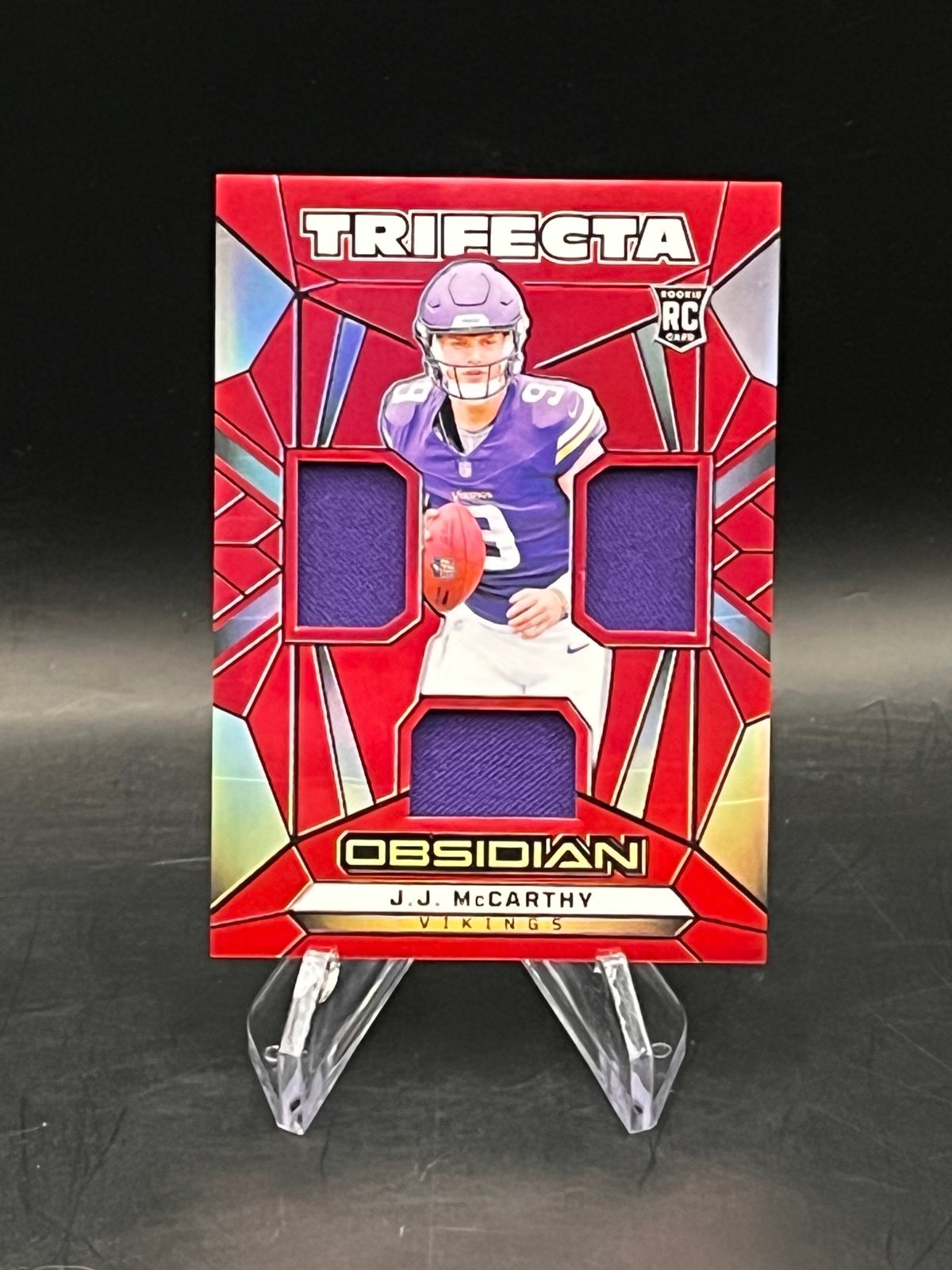 2024 Obsidian JJ MCCARTHY Trifecta Triple Patch #TS-JJM /75 Red FOTL RC Card!