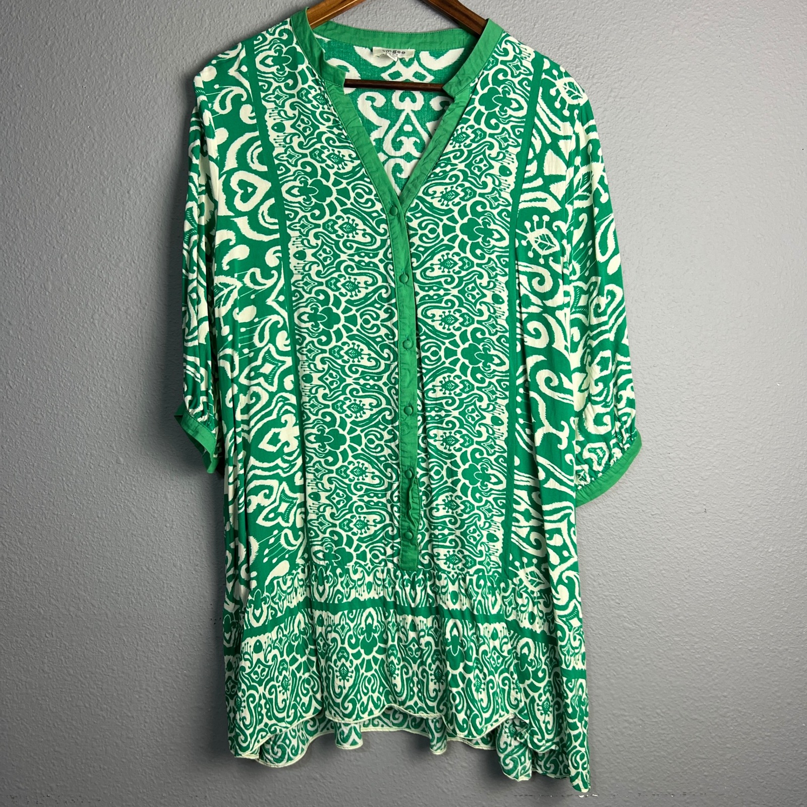 Umgee Kelly Green Print Dress Button Down 3/4 SL Lightweight Flowy Boho Size M