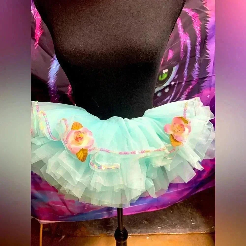 Adorable Aqua Tulle Skirt with Floral Accents