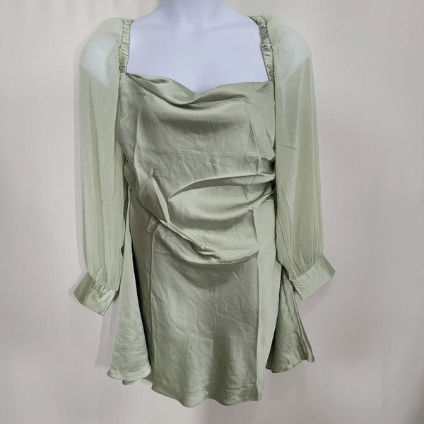 WeWoreWhat Fog Green Crinkle Chiffon Puff Sleeve Cowlneck Mini Dress Size 14
