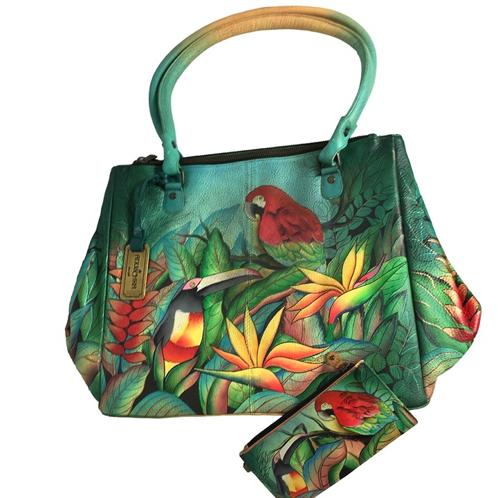 Anuschka LIKE NEW Handpainted Leather Tote Expandable Parrot Toucan Floral