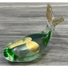 Murano Glass Whale Paperweight Green Swirl With Gold Trim Tail & Top Vintage 4”
