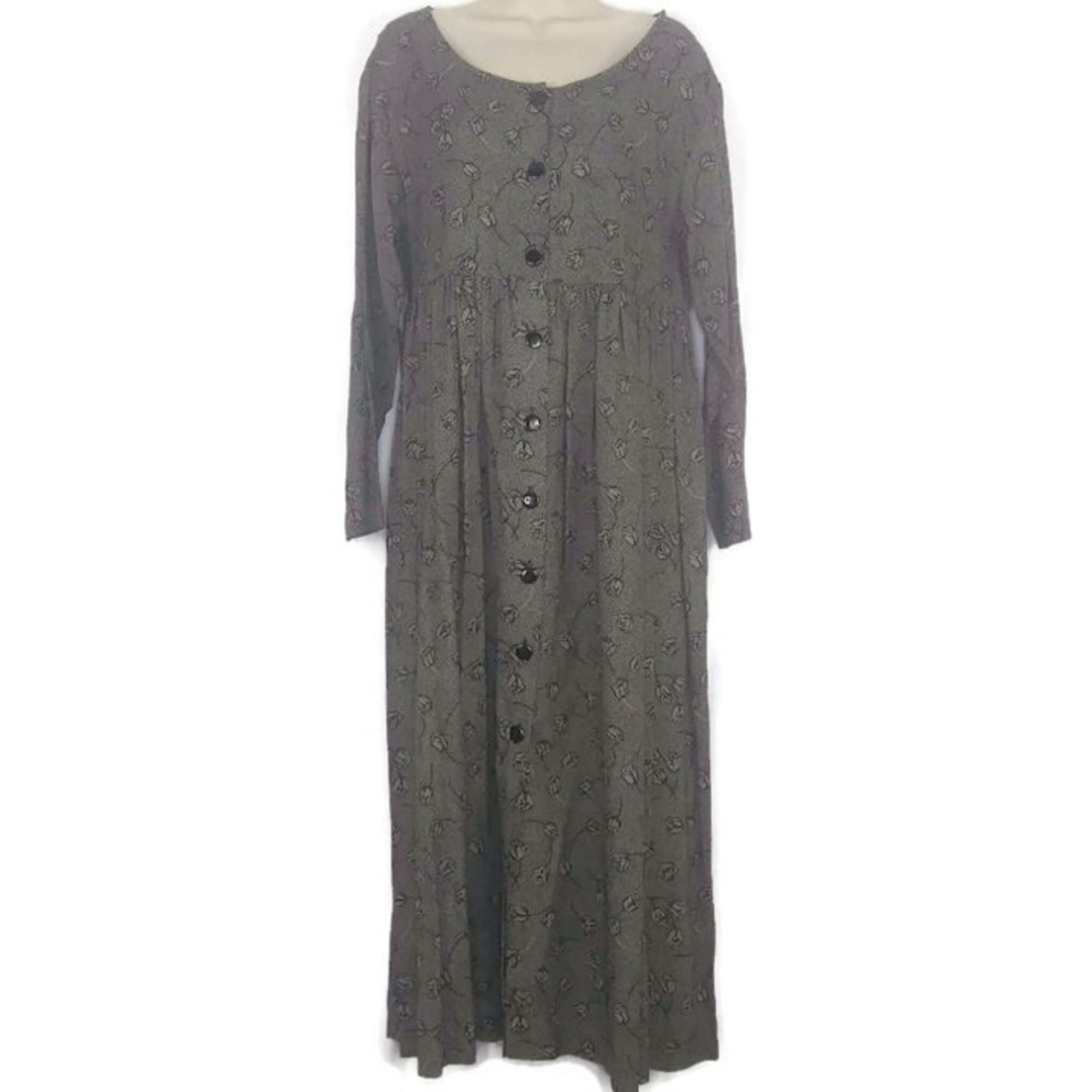 80's Gray Black Rose Floral Cottagecore Peasant Maxi Dress