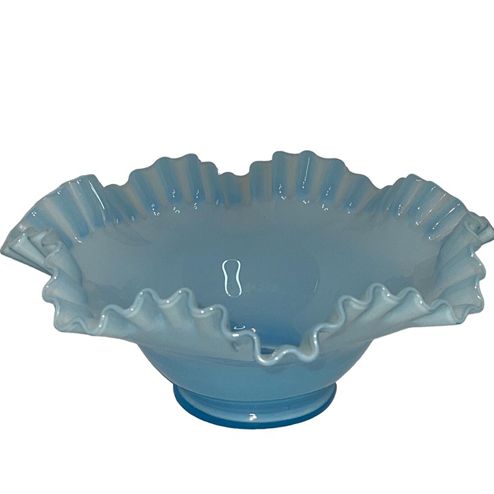 Fenton Glass Bowl Shades Of Blue Glass Ruffled Crimped 9 1/2 Wide X 3 Tall