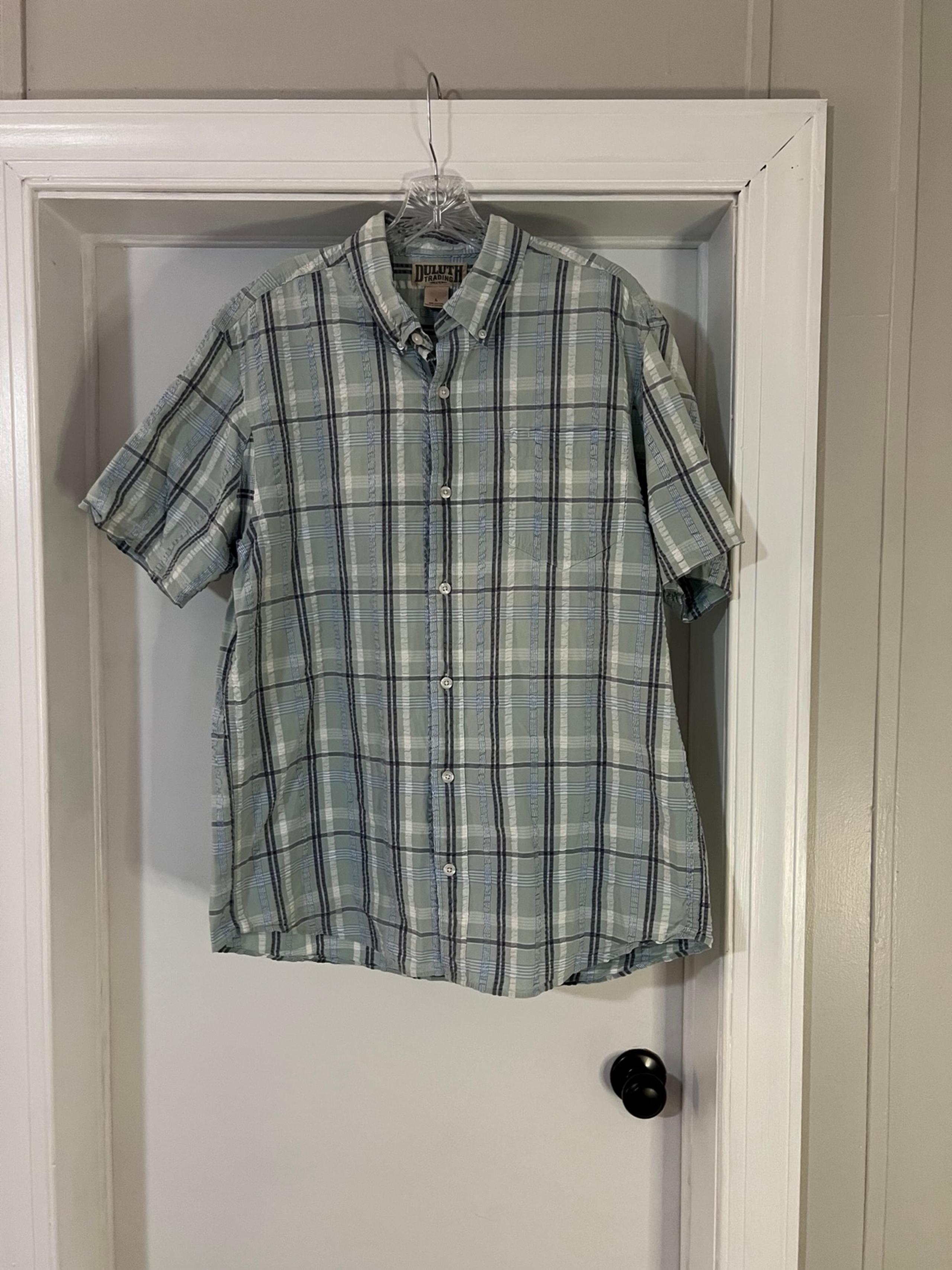 Duluth Trading Co Button Up Shirt Short Sleeve Mint Green Plaid Mens Size L