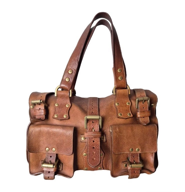 Mulberry Roxanne Leather Stud Embellished Handle Brown Handbag Satchel Purse