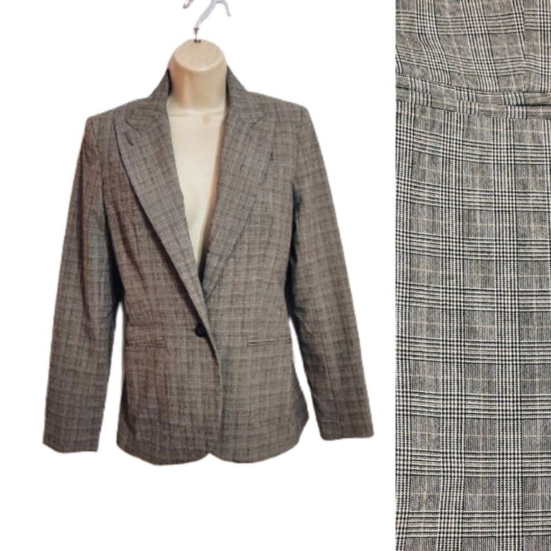 Norma Kamali Glen Plaid One-Button Tailored Fitted Blazer Jacket Black/White 4