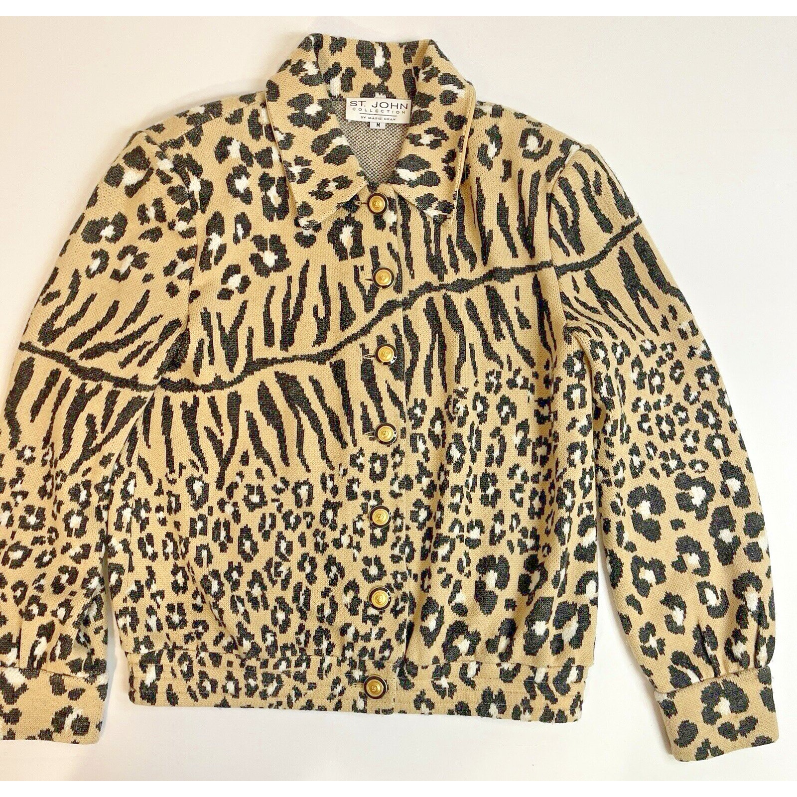 Vintage St John Collection By Marie Gray Animal Print Knit Sweater Jacket Sz M