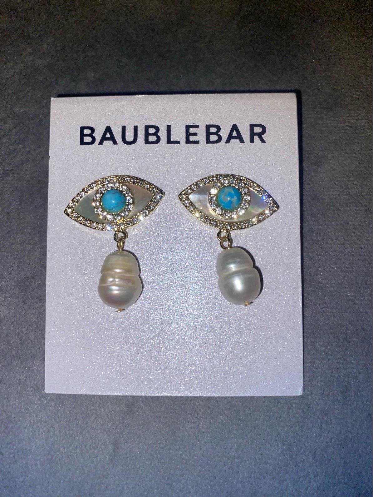 BNWT BaubleBar Frida Evil Eye Gold, White &Blue w/Pearl Drop Earrings 44 “RARE”