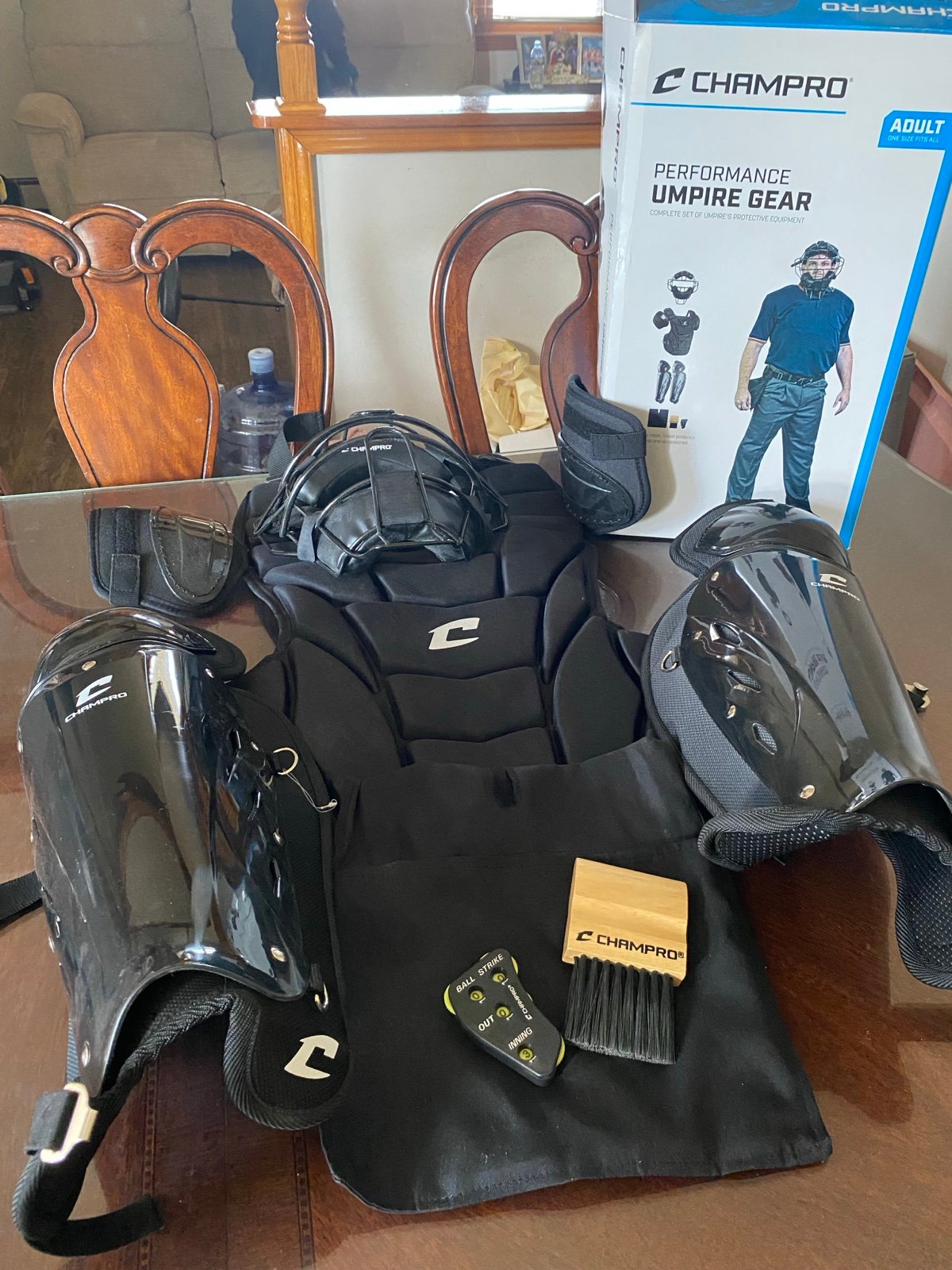 umpire chest protector knee guards mask base cleaner clicker