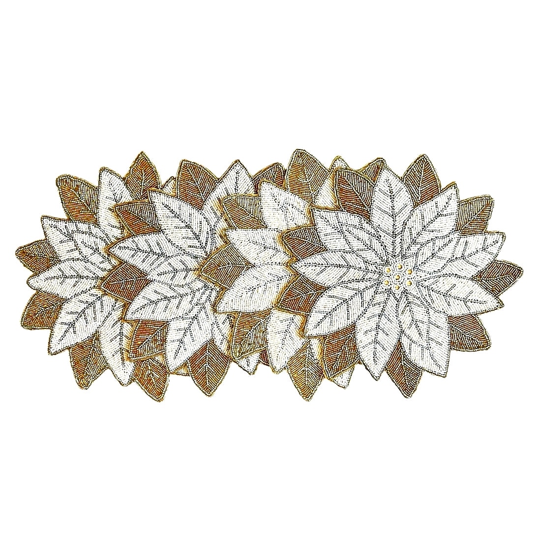 4pc Christmas Poinsettia Placemats 15in Holiday Glam Gold Silver White New