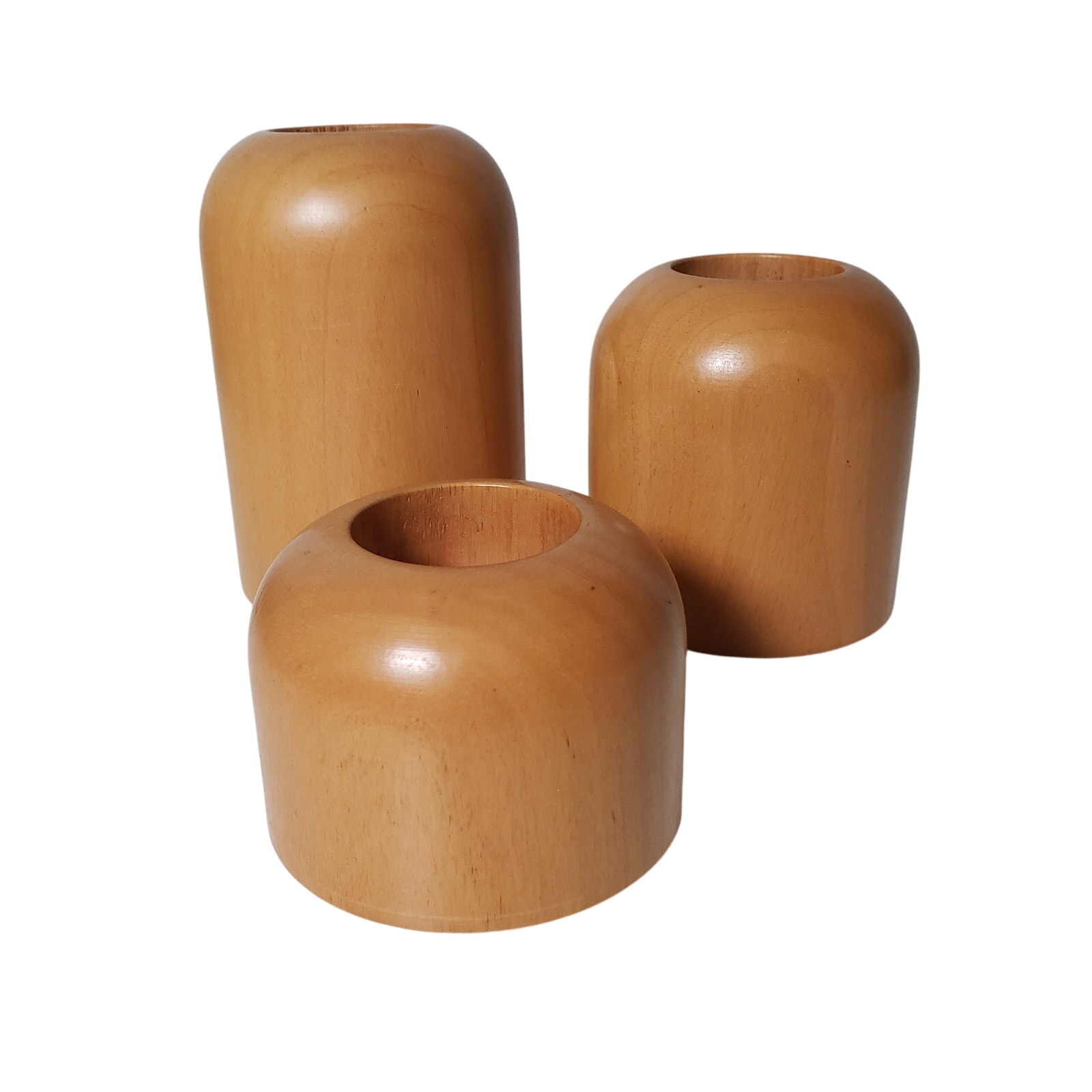 Vintage German Handmade Candle Holders Set Of 3 Light Brown Wood Carved MCM