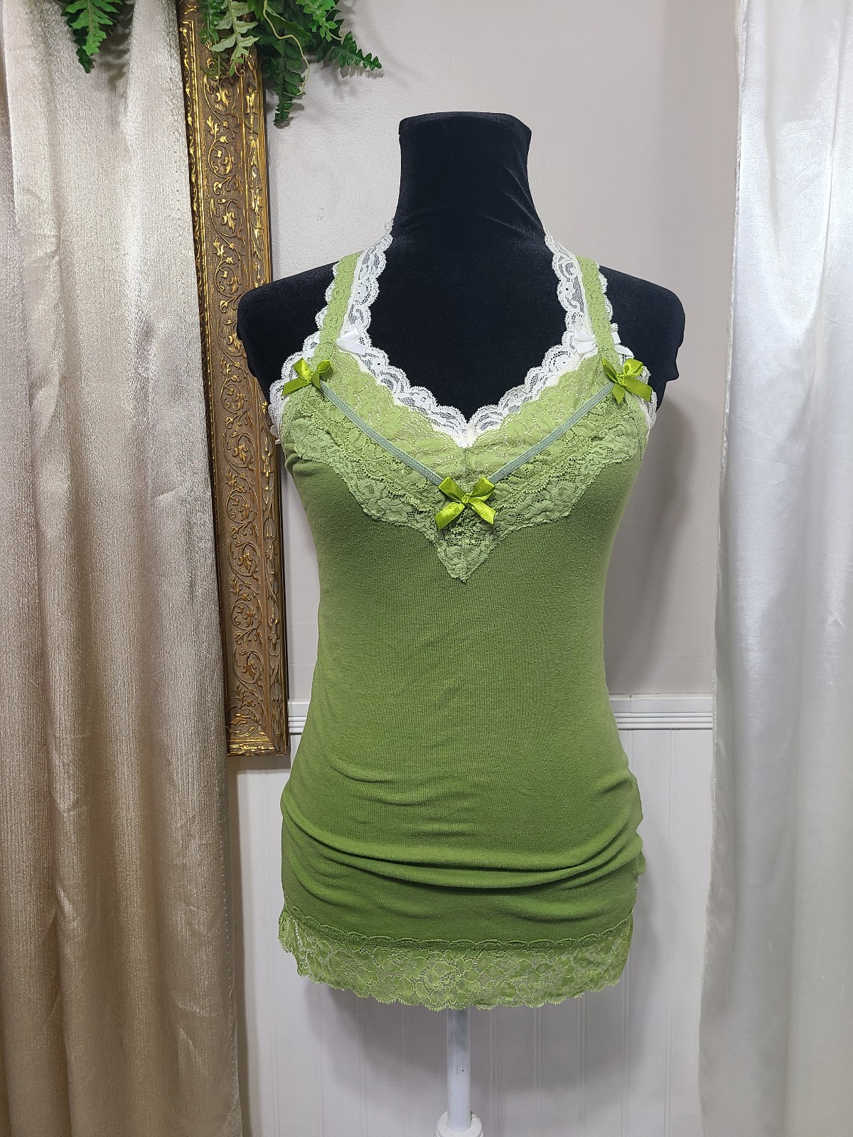 ♡ Y2k ♡ Abercrombie Lace Cami Tank Green Ribbon Bows