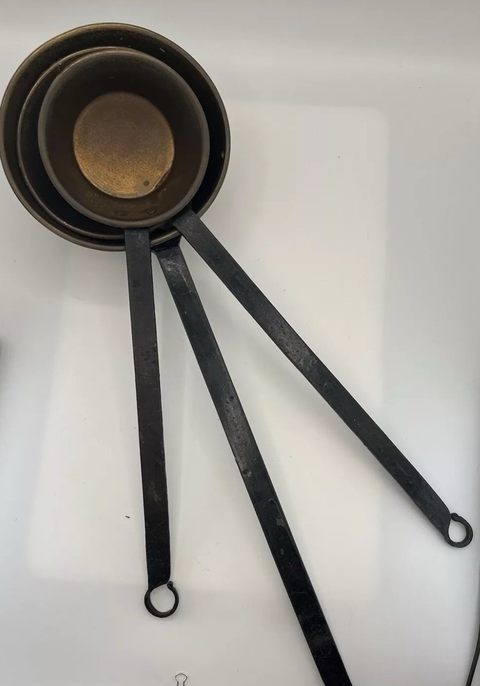 Set of 3 Antique Brass Copper Fireplace Pots with Long Iron Handle Dipper Scoop.