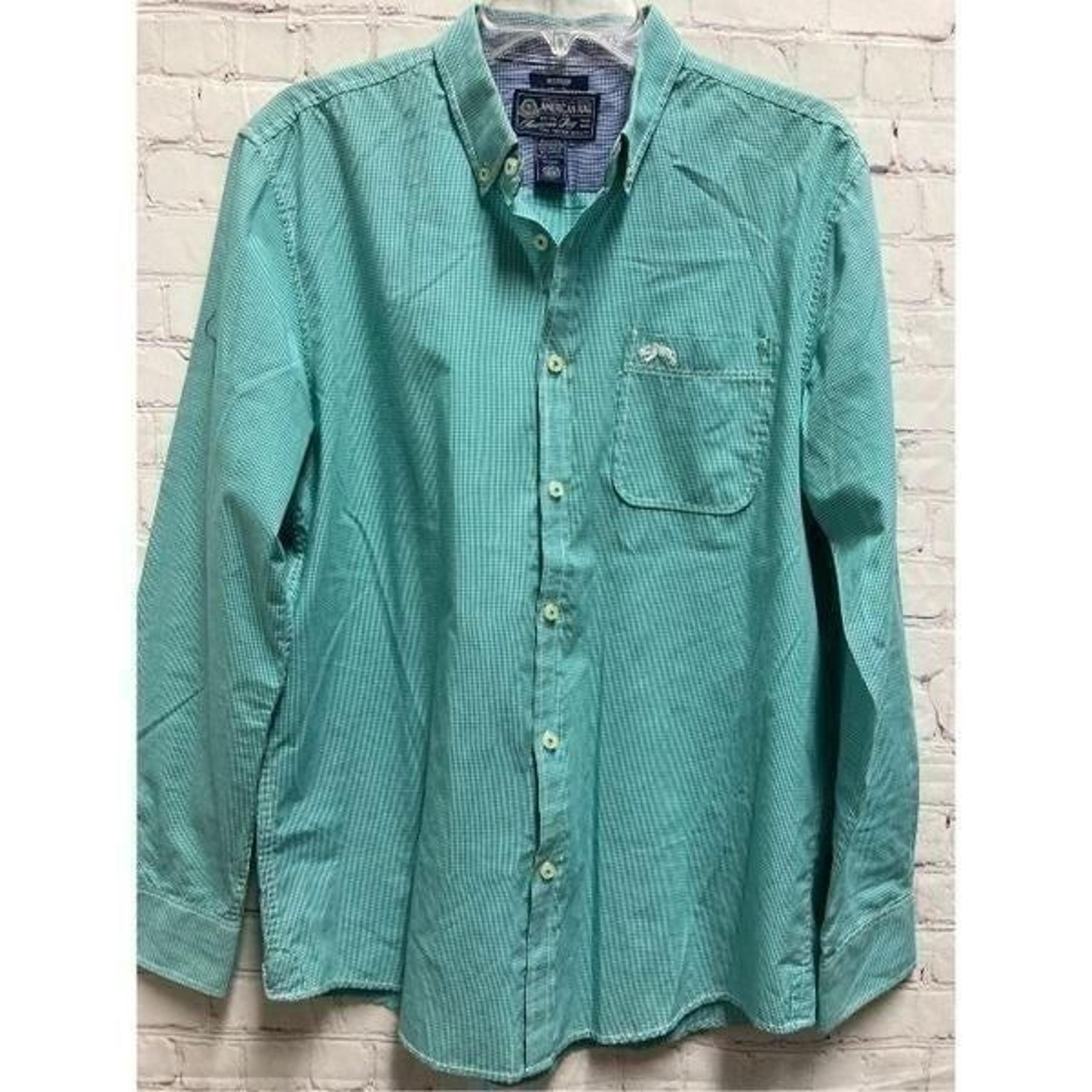 American Rag Mens Button Up Dress Shirt Blue Green Plaid Long Sleeve M