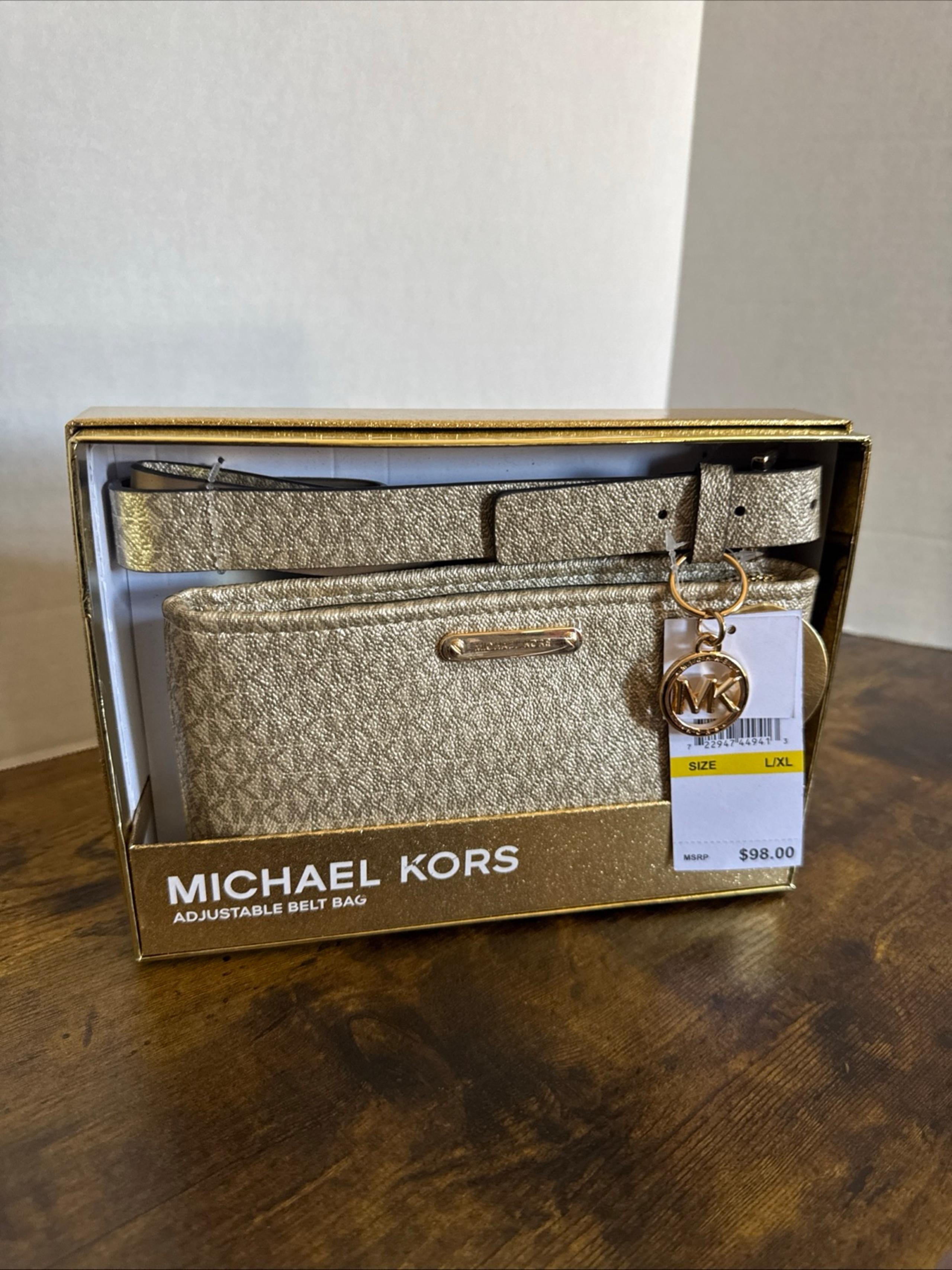Michael Kors Faux Leather Adjustable Belt Bag/Fanny Pack MK Logo L/XL Gold Color
