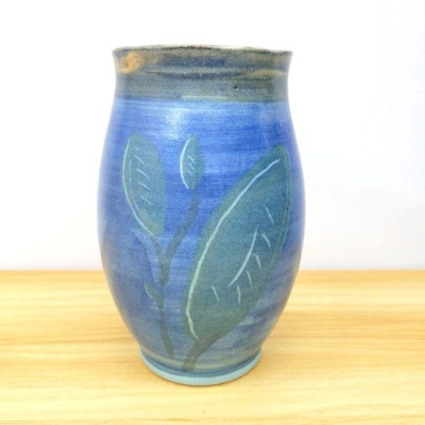 Vintage Hand Thrown Studio Pottery Vase with Leaves