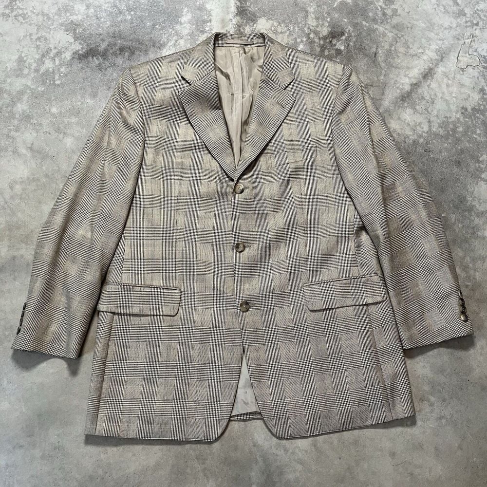 Hugo Boss Suit Jacket Mens 52 Silk Wool Plaid Brown Tan Double Vented