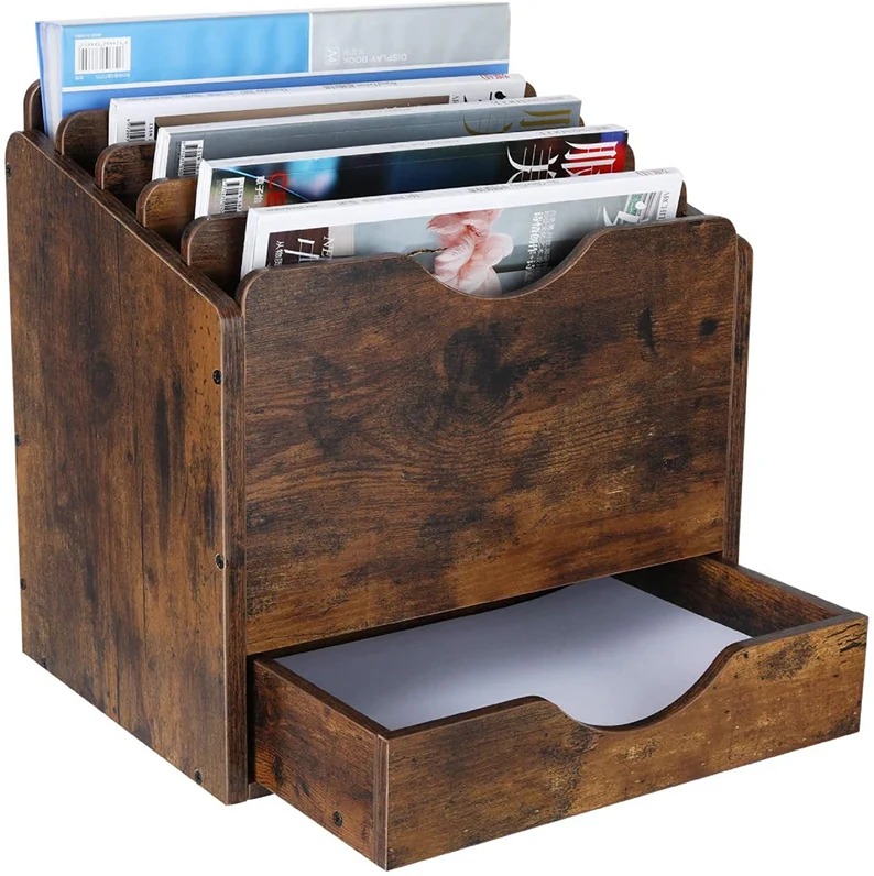 Wood Desktop File Holder Organizer Mail Sorter with Drawer for File Folders Mail