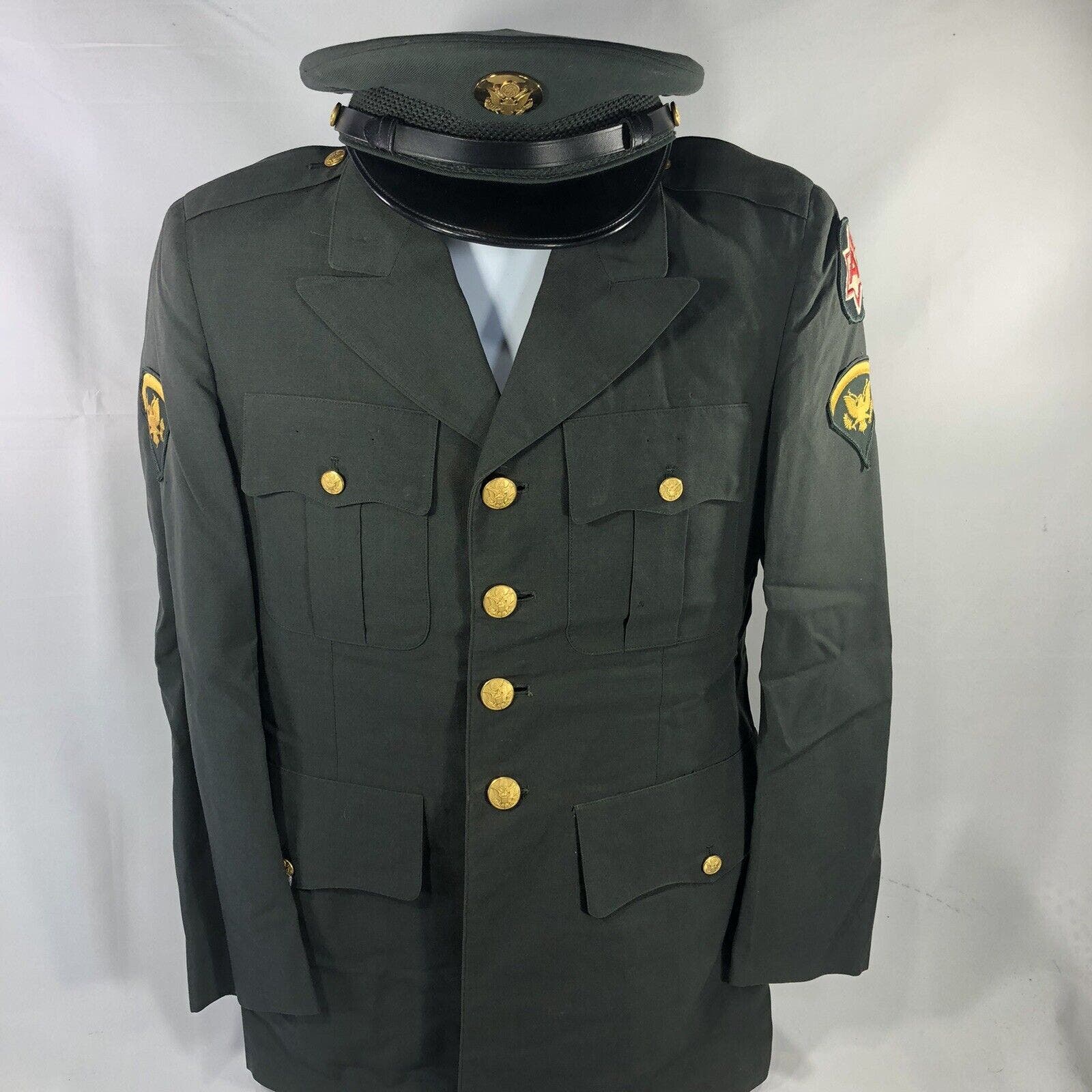 Vintage US Army Button Coat Jacket Hat Barret Set 36R Green W/ Patches Sleeves