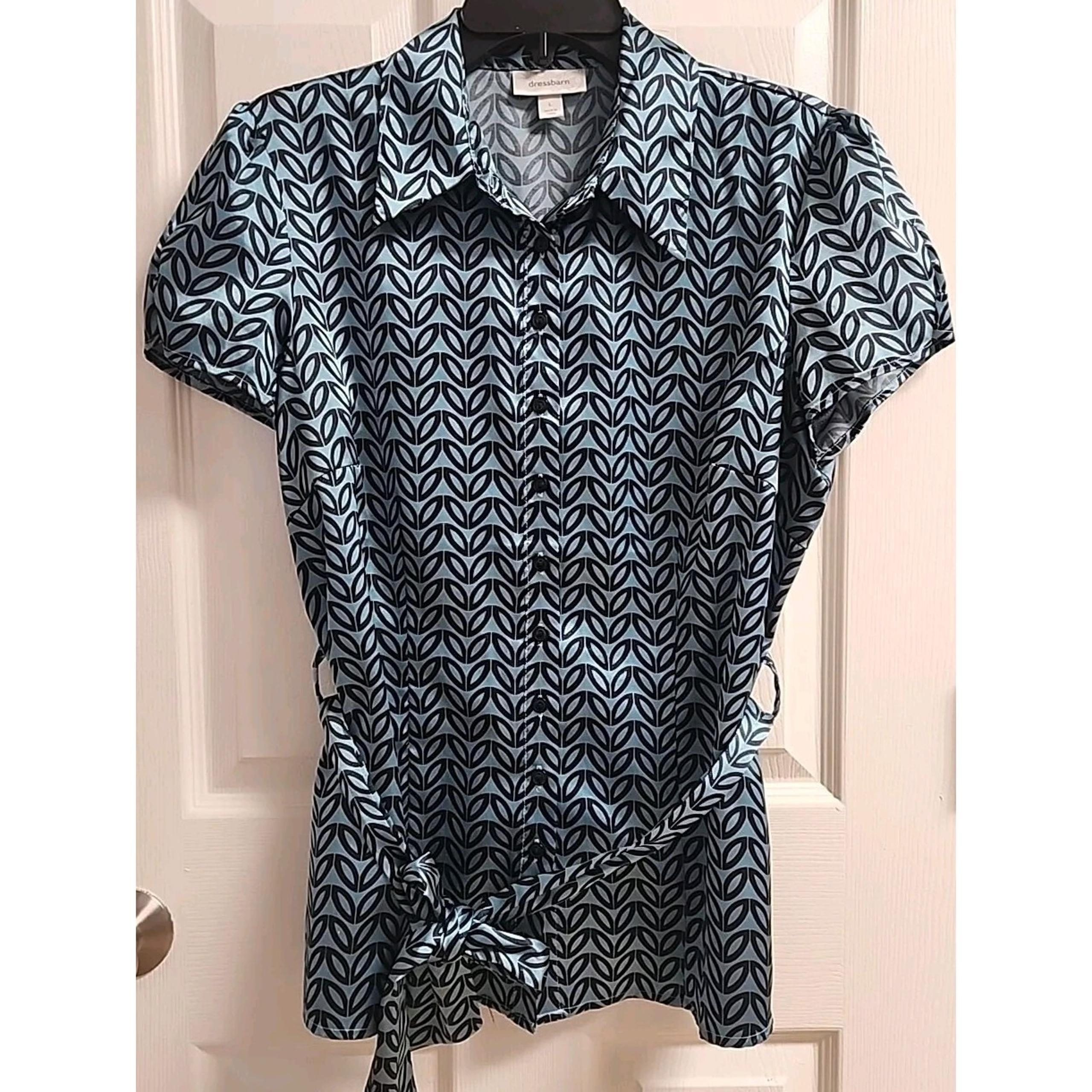 Women's DressBarn Black Teal Flowy Short sleeve Shirt Size Large button down