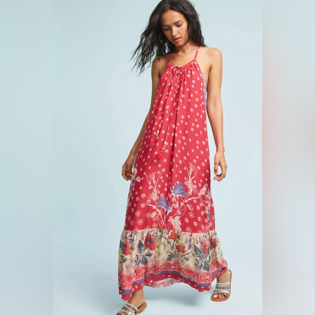 Anthropologie Maeve Kira Printed Maxi Dress Red Purple Medium