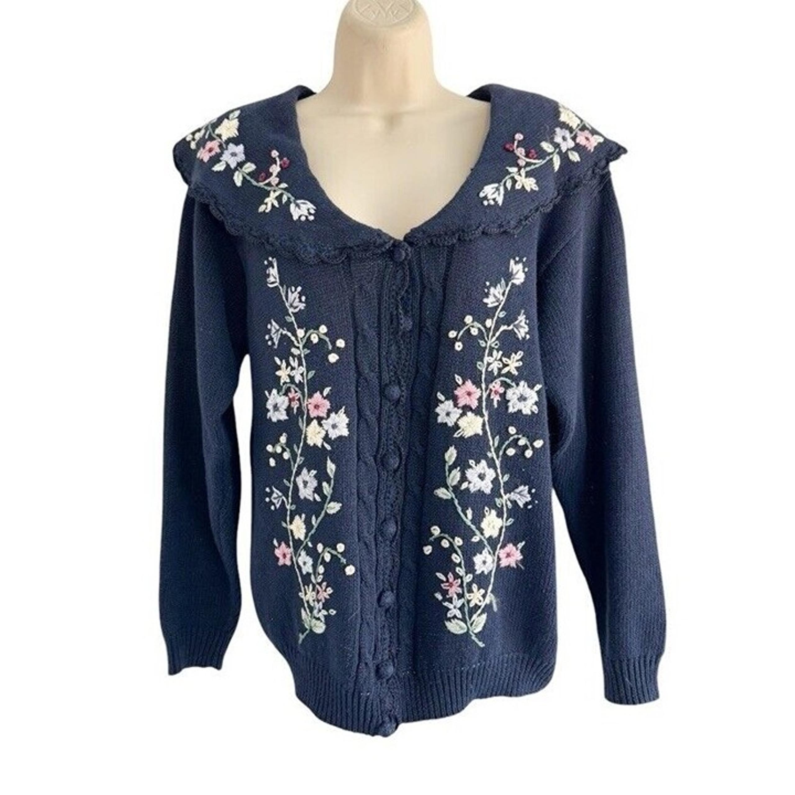 Carolyn Taylor Vintage 90s Woman's Sz S Blue Embroidered Floral Cardigan Sweater