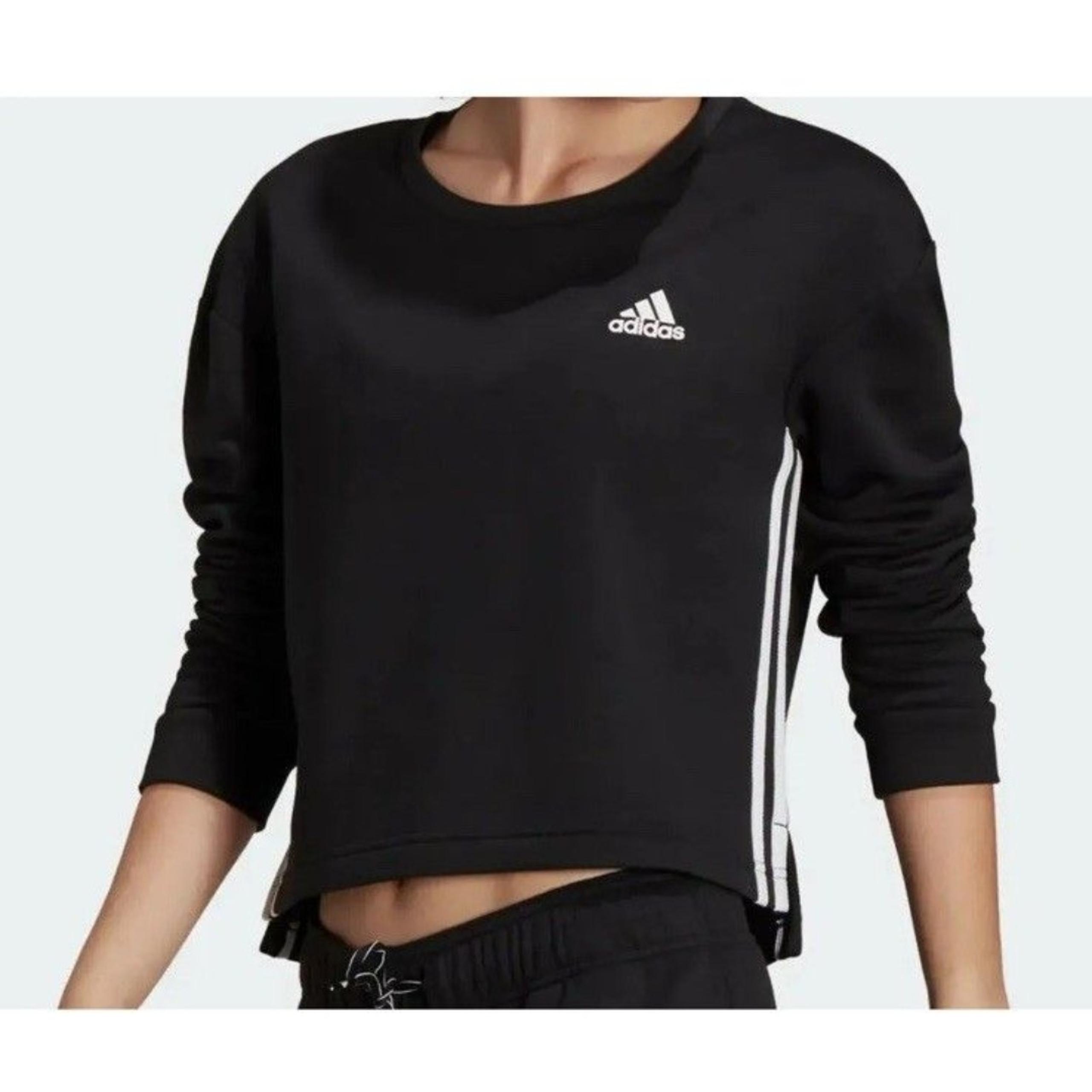 Adidas Sweatshirt M Black Crewneck Pullover Stripes Casual Athletic Fleece
