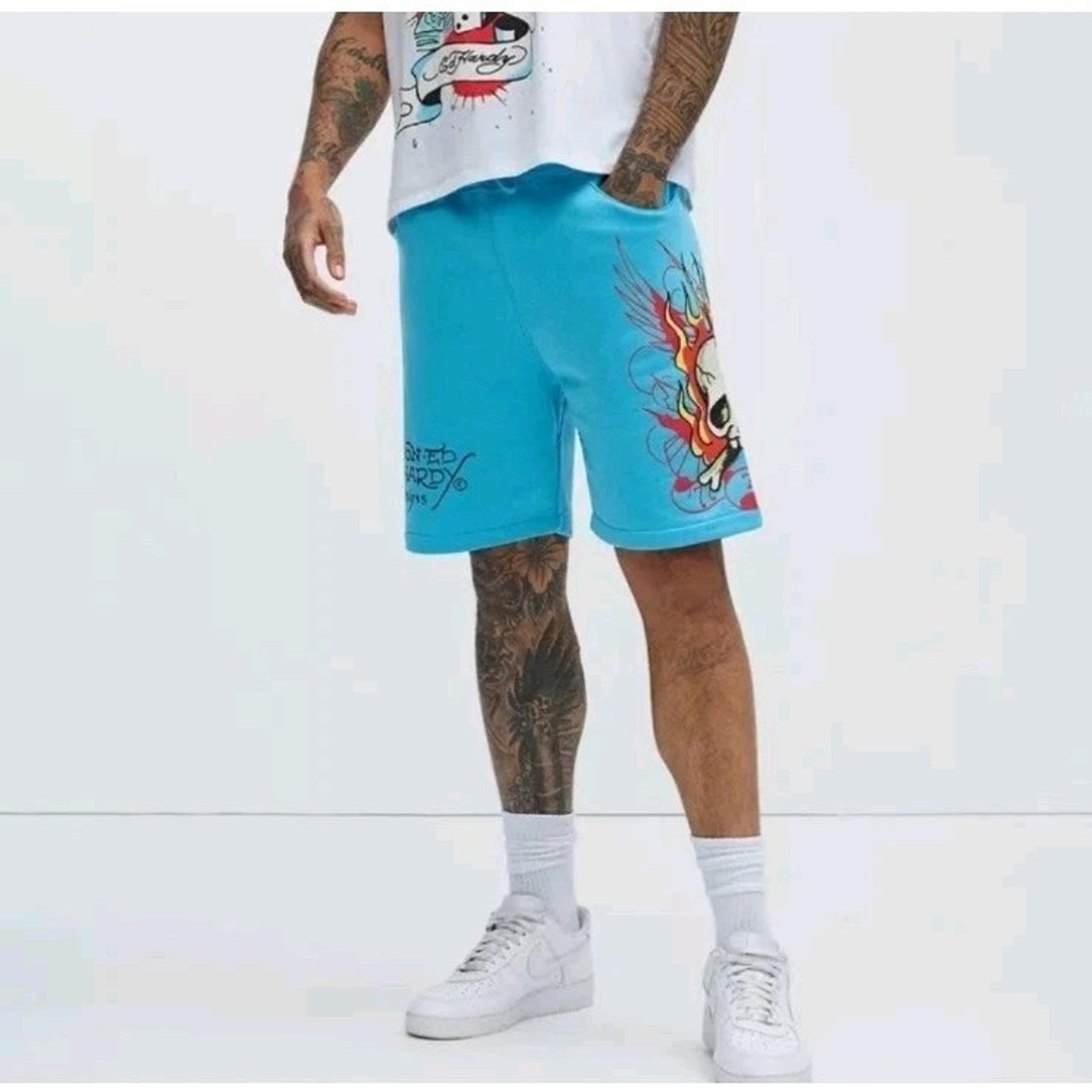 ED HARDY Flame Skull Fleece Sweat Shorts Blue Men's Size 2XL *NEW* $65