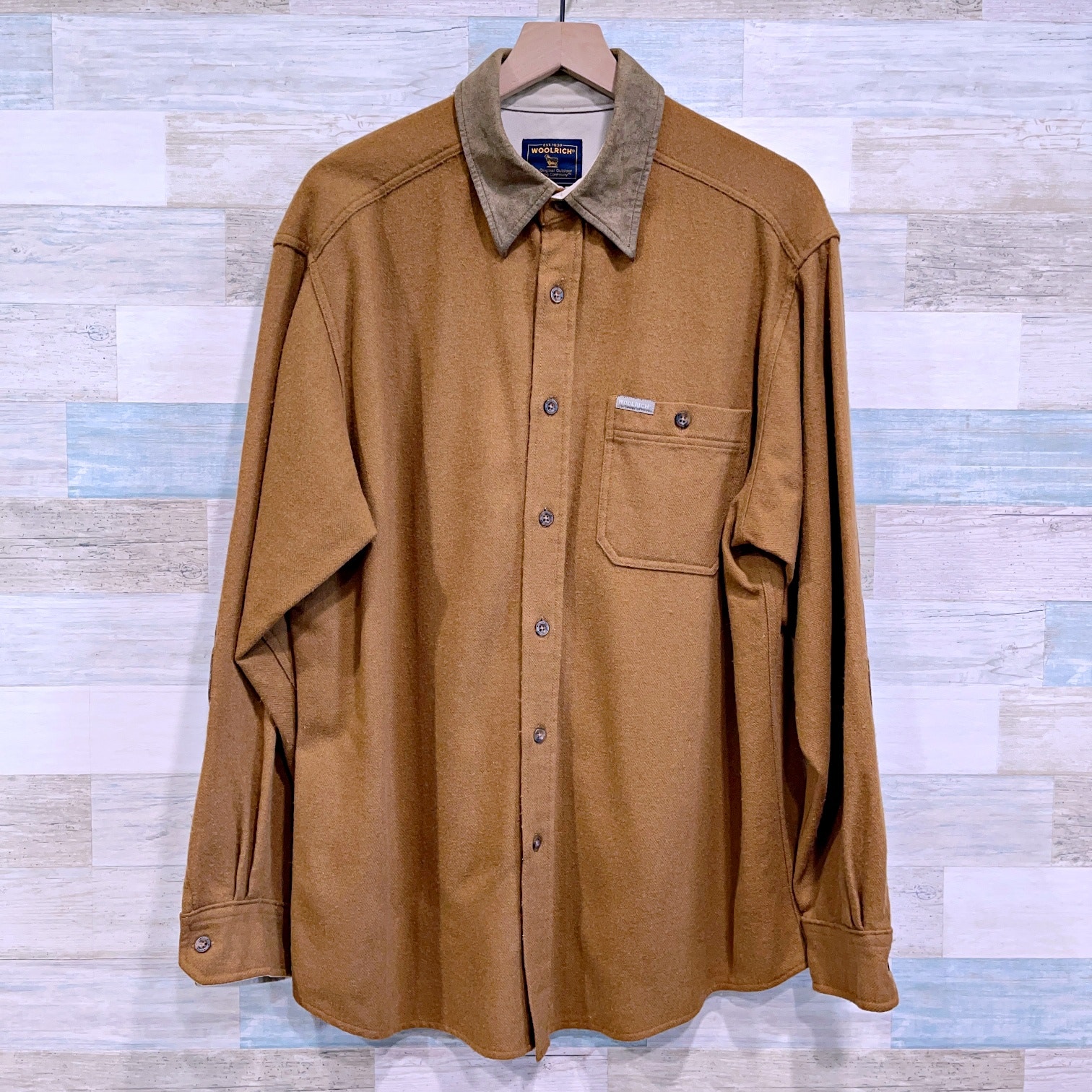 Woolrich Vintage Wool Flannel Shirt Brown Suede Elbow Patches USA Made Mens XL