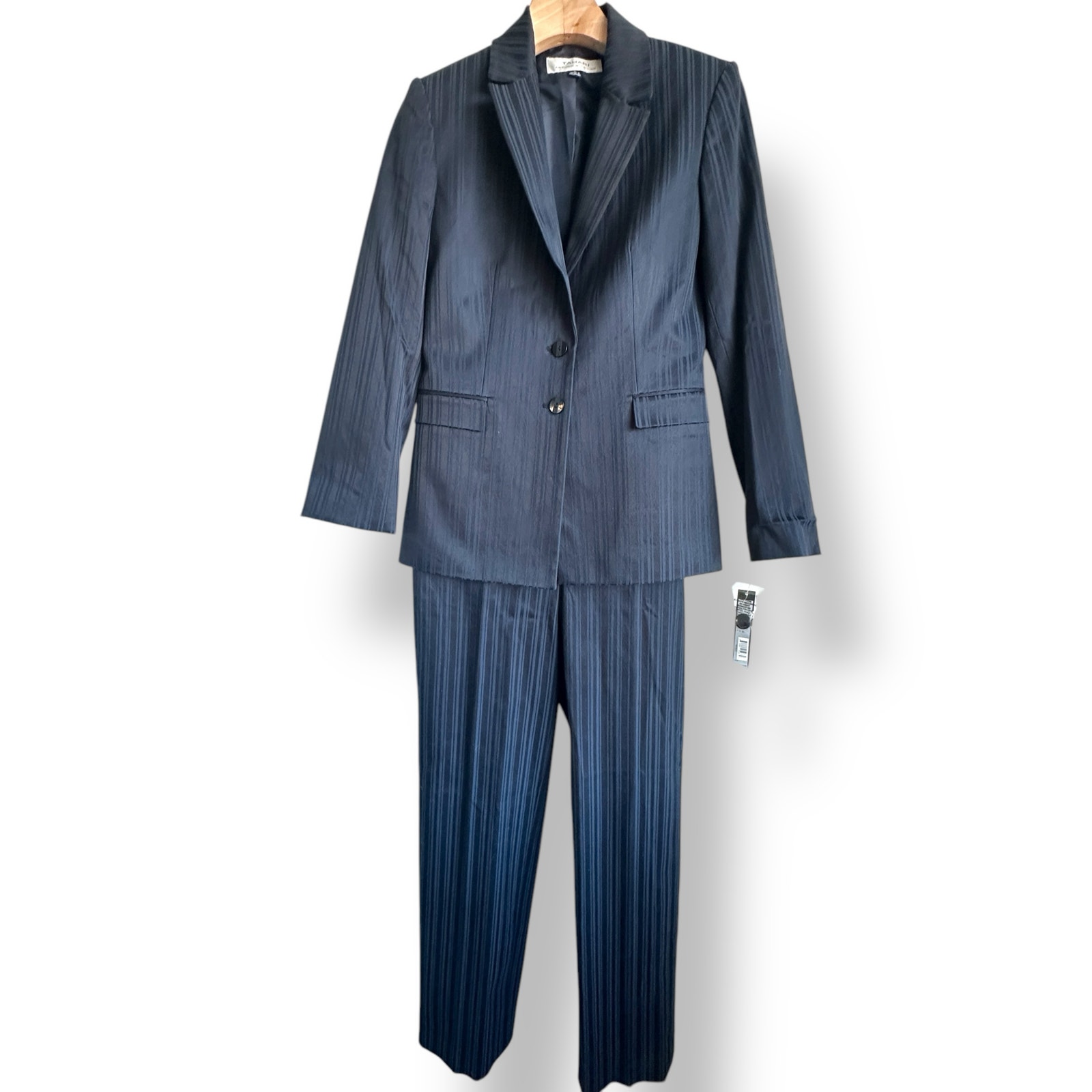 Tahari ASL New Navy Black Stripe 2 Piece Suit Tailored Wide Leg Pant Blazer 4