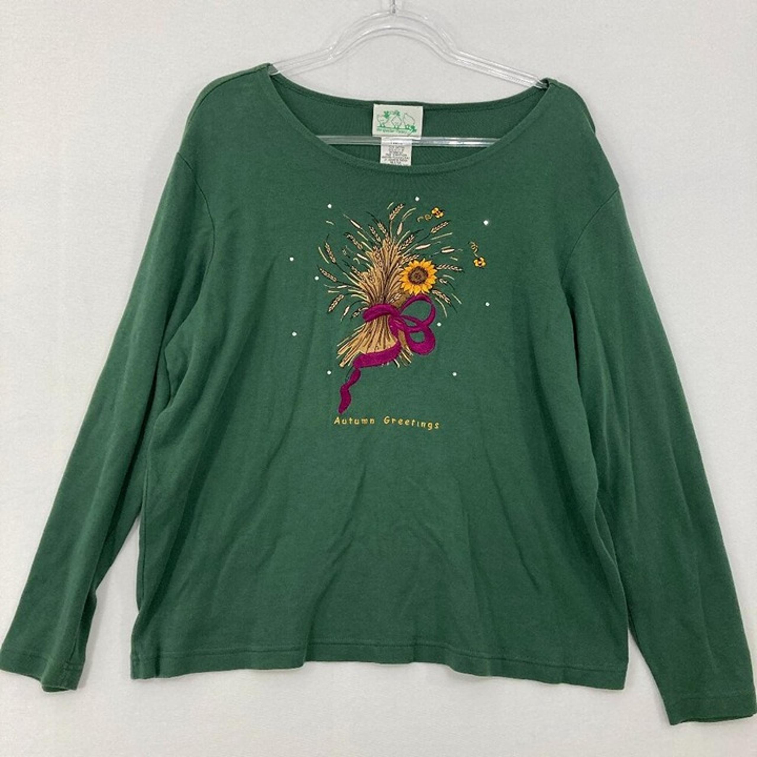 Vintage The Quacker Factory Large Green Floral Print Fall Cotton Stretch Top